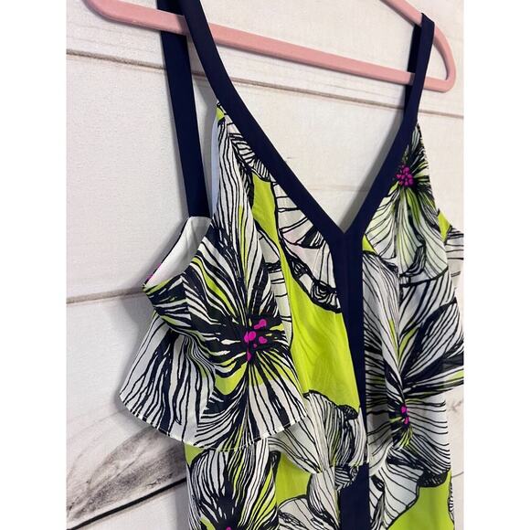 Trina Turk Size 14 Dress Neon Yellow Navy Trim Flowers - Picture 2 of 5